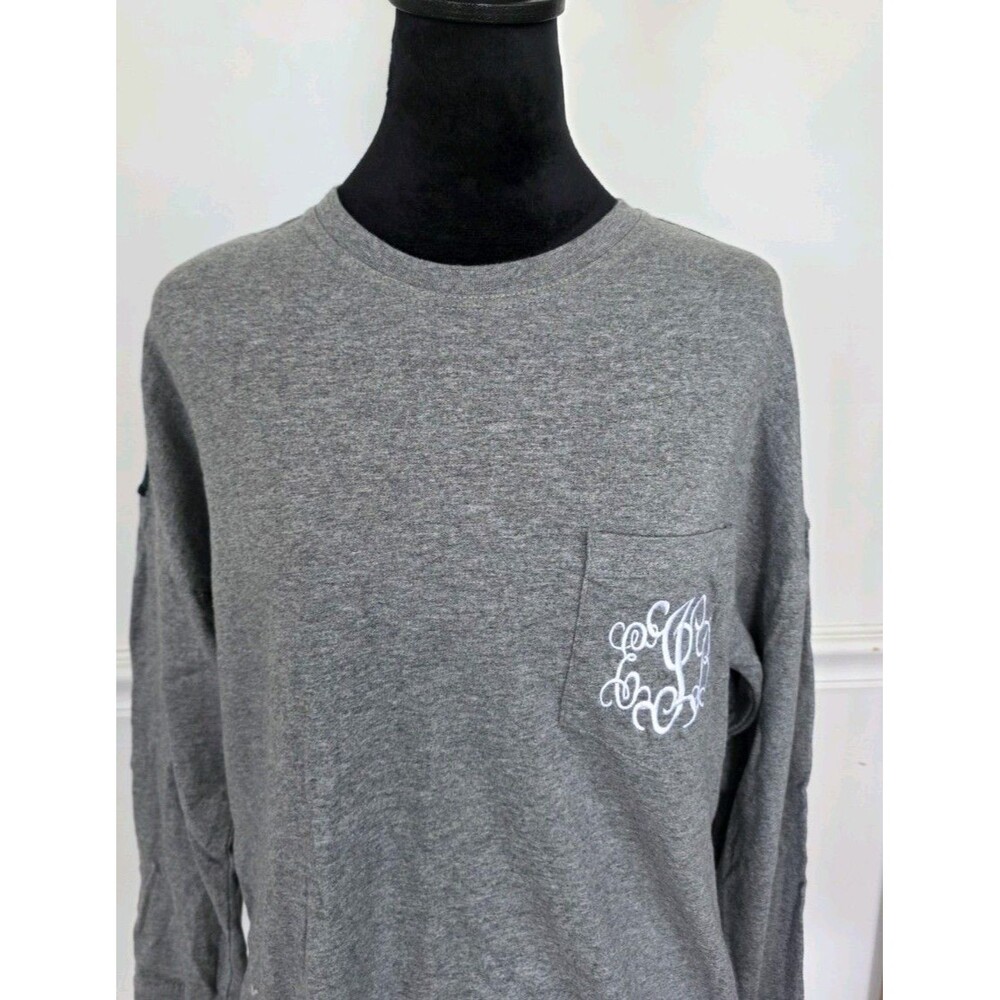 Marleylilly Gray Long Sleeve Tee S/M Monogram Pocket Plaid Back 100% Cotton